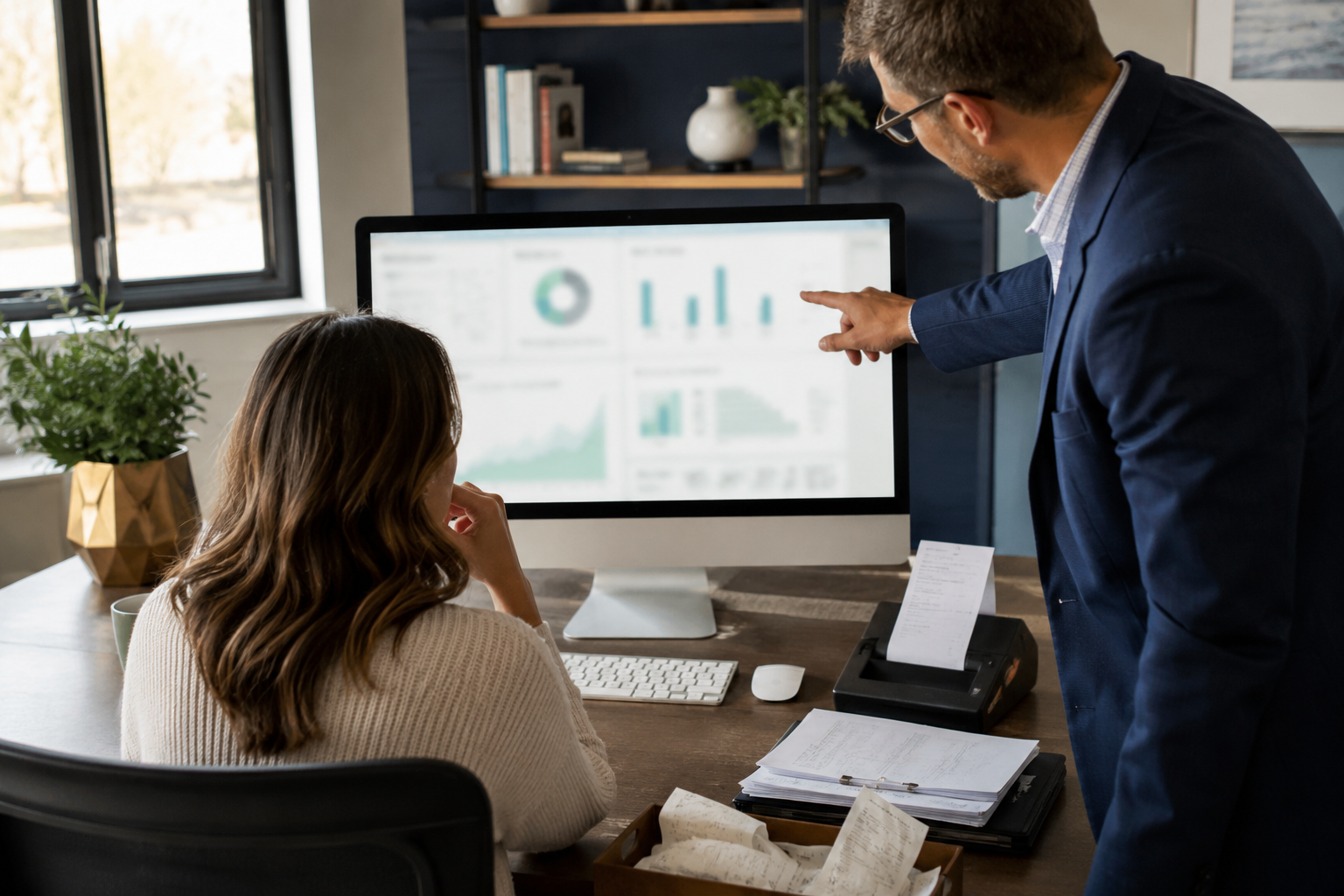 CPA helping a business owner review an accounting dashboard and organized source documents